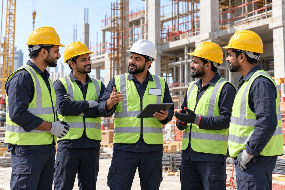 Construction colleagues collaborating as one team