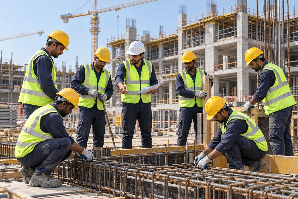 Civil construction team coordinating work at a project site